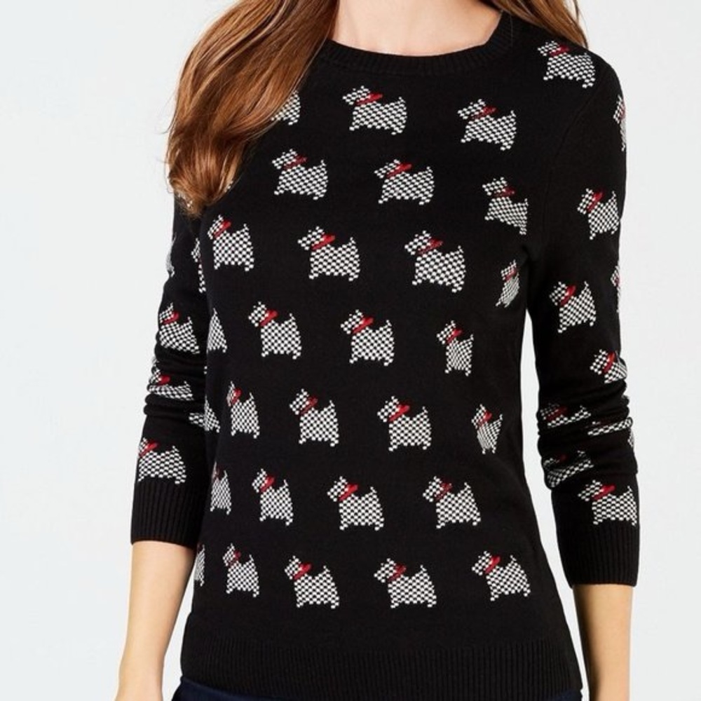 Charter Club Black Scottie Dog Pattern Sweater with Red Accents Large